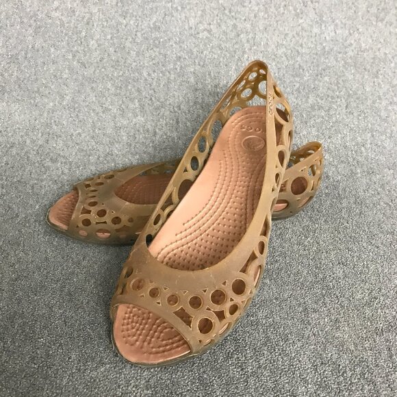 Crocs Adrina Peep Toe Circle Cutout Brown Jelly Slip On Ballet Flats Womens SZ 6 - Picture 1 of 9